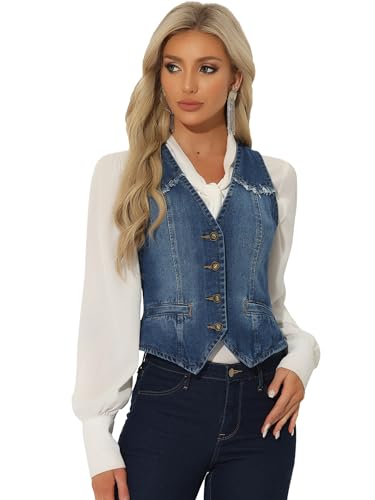 Allegra K Denim Vest for Women's Sleeveless V Neck Washed Distressed Jean Jacket X-Large Dark Blue