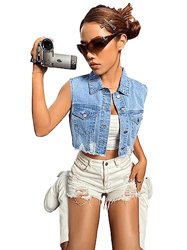 Verdusa Women's Ripped Raw Hem Sleeveless Button Up Crop Denim Vest Jean Outerwear Blue M