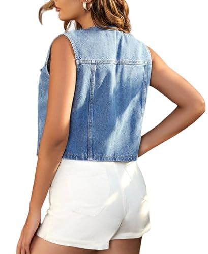 LifeShe Women's Cropped Denim Vest Top Casual V Neck Button Down Sleeveless Jean Jacket Waistcoat