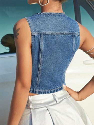 Verdusa Women's Sleeveless Button Front V Neck Sleeveless Asymmetrical Crop Denim Vest Top Blue Medium