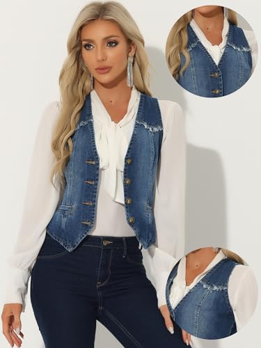 Allegra K Denim Vest for Women's Sleeveless V Neck Washed Distressed Jean Jacket X-Large Dark Blue