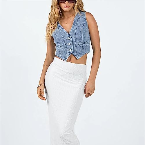 HOXIJIA Women Vintage Y2K Denim Vest Sleeveless V Neck Button Crop Jean Waistcoat Vest Retro Streetwear Going Out Tank Top(Blue, L)