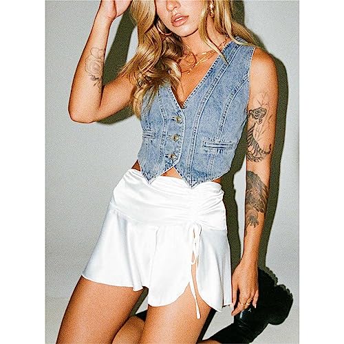 HOXIJIA Women Vintage Y2K Denim Vest Sleeveless V Neck Button Crop Jean Waistcoat Vest Retro Streetwear Going Out Tank Top(Blue, L)