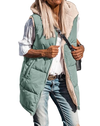 BTFBM Fall Long Puffer Vest Women Sleeveless Hooded Reversible Fleece Sherpa Jacket Zip Up Winter Coat Outerwear Vests(Solid Grey Green, Large)