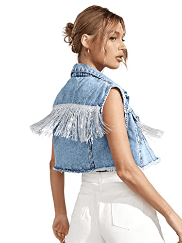 Verdusa Women's Fringe Raw Trim Sleeveless Denim Vest Jean Jacket Coat Light Wash Blue L