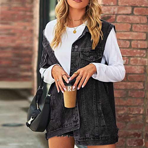 FindThy Women’s Vintage Denim Jean Vest Oversized Button Down Jean Waistcoat Gilet(1481-01Black-M-LB)