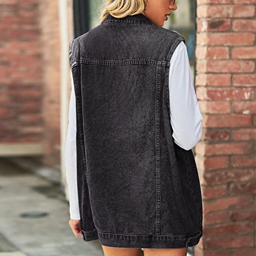FindThy Women’s Vintage Denim Jean Vest Oversized Button Down Jean Waistcoat Gilet(1481-01Black-M-LB)