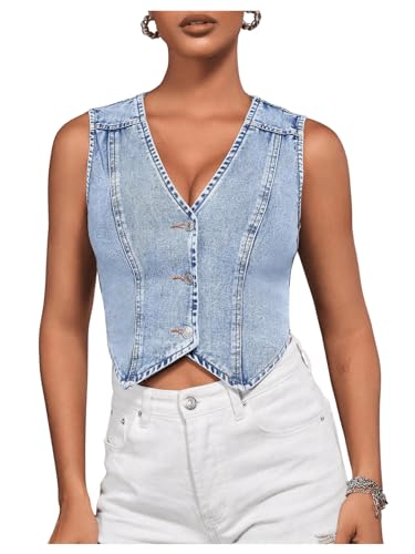 Verdusa Women's Sleeveless Button Front V Neck Denim Tops Asymmetrical Crop Jean Vest Blue X-Small