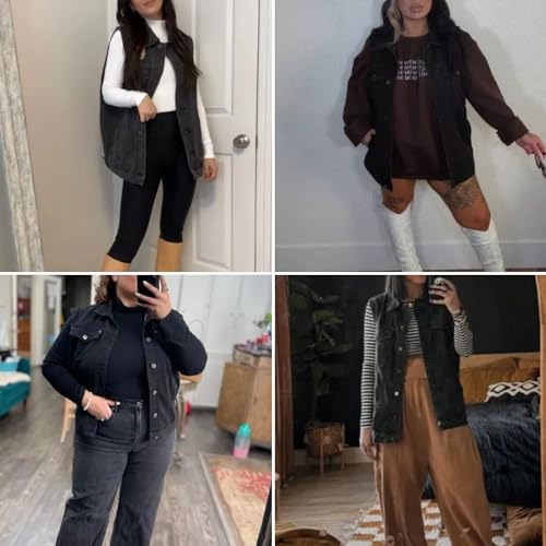 FindThy Women’s Vintage Denim Jean Vest Oversized Button Down Jean Waistcoat Gilet(1481-01Black-M-LB)