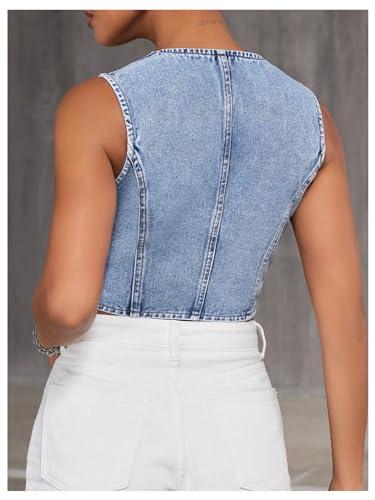 Verdusa Women's Sleeveless Button Front V Neck Denim Tops Asymmetrical Crop Jean Vest Blue X-Small