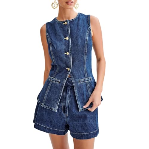 Women’s Denim Long Vest Waistcoat Vest Sleeveless Button-Up Back Slit Jean Jacket Vest Y2k Clothes (Blue, XL)
