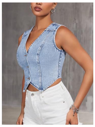 Verdusa Women's Sleeveless Button Front V Neck Denim Tops Asymmetrical Crop Jean Vest Blue X-Small
