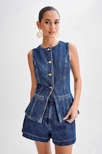 Women’s Denim Long Vest Waistcoat Vest Sleeveless Button-Up Back Slit Jean Jacket Vest Y2k Clothes (Blue, XL)
