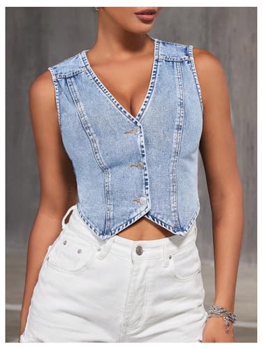 Verdusa Women's Sleeveless Button Front V Neck Denim Tops Asymmetrical Crop Jean Vest Blue X-Small