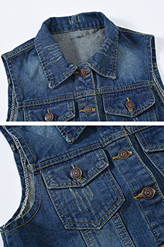 HALITOSS Women's Buttoned Washed Denim Jacket Sleeveless Crop Vest 6 Color (L, Denim Blue),Large
