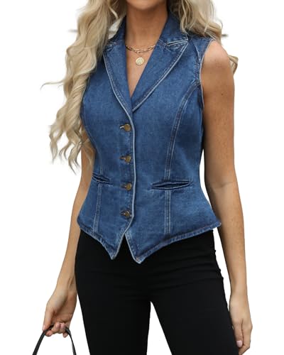 Ladyful Lapel Denim Vest for Women Sleeveless Business Work Jean Waistcoat Vest