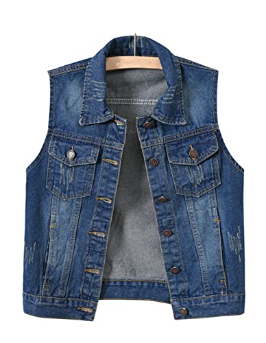 VIEWON Women's Casual Denim Waistcoat Frayed Sleeveless Ripped Jacket Vest with Pockets Denim M