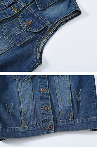HALITOSS Women's Buttoned Washed Denim Jacket Sleeveless Crop Vest 6 Color (L, Denim Blue),Large