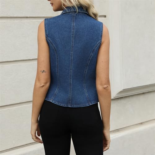 Ladyful Lapel Denim Vest for Women Sleeveless Business Work Jean Waistcoat Vest
