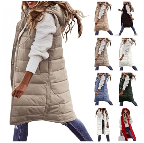 DCTIWES Long Puffer Vest for Women Padded Sleeveless Hooded Jackets Winter Warm Puffy Coats Outerwear Vests with Pockets Beige