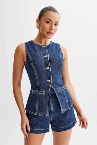 Women’s Denim Long Vest Waistcoat Vest Sleeveless Button-Up Back Slit Jean Jacket Vest Y2k Clothes (Blue, XL)