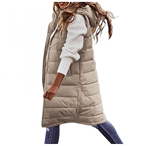 DCTIWES Long Puffer Vest for Women Padded Sleeveless Hooded Jackets Winter Warm Puffy Coats Outerwear Vests with Pockets Beige