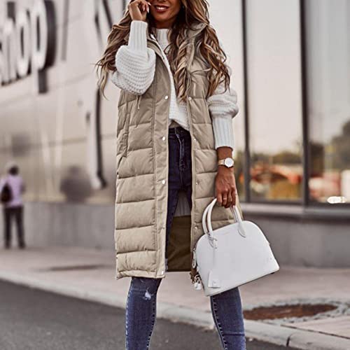 DCTIWES Long Puffer Vest for Women Padded Sleeveless Hooded Jackets Winter Warm Puffy Coats Outerwear Vests with Pockets Beige