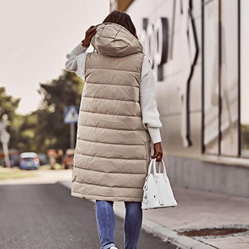 DCTIWES Long Puffer Vest for Women Padded Sleeveless Hooded Jackets Winter Warm Puffy Coats Outerwear Vests with Pockets Beige