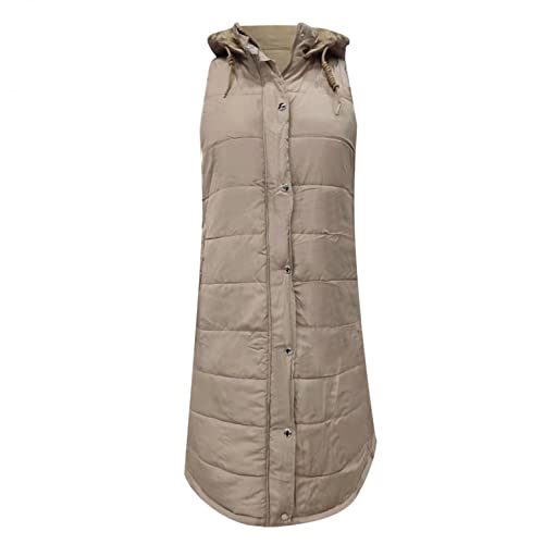 DCTIWES Long Puffer Vest for Women Padded Sleeveless Hooded Jackets Winter Warm Puffy Coats Outerwear Vests with Pockets Beige
