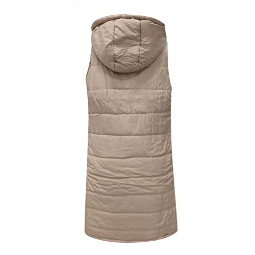 DCTIWES Long Puffer Vest for Women Padded Sleeveless Hooded Jackets Winter Warm Puffy Coats Outerwear Vests with Pockets Beige