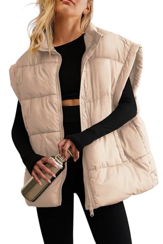 ReachMe Womens Oversized Puffer Vest Zip Up Bubble Vests Stand Collar Cap Sleeves Padded Jacket Quilted Coats with Pockets (Khaki,XL)