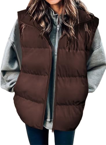 Zeagoo Women Winter Oversized Puffer Vest Lightweight Stand Collar Sleeveless Padded Puffy Jackets Coat with Pockets