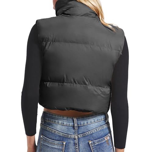Zando Cropped Puffer Vest for Women Fashion Oversized Lightweight Winter Vest Outerwear Sleeveless Zip Up Stand Collar Vest Jacket Padded Gilet Puffer Coat with Pockets Black Large