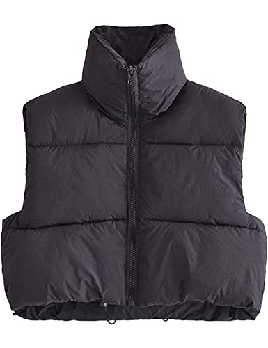 Athlisan Womens Cropped Puffer Vest Zip Up Stand Collar Sleeveless Padded Crop Vests(Black-M)