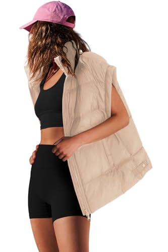 ReachMe Womens Oversized Puffer Vest Zip Up Bubble Vests Stand Collar Cap Sleeves Padded Jacket Quilted Coats with Pockets (Khaki,XL)