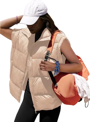 ReachMe Womens Oversized Puffer Vest Zip Up Bubble Vests Stand Collar Cap Sleeves Padded Jacket Quilted Coats with Pockets (Khaki,XL)
