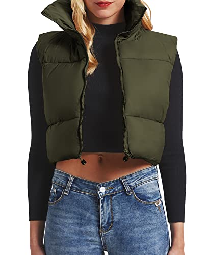 CULACCINO Women's Winter Cropped Puffer Vest Crop Jackets For Women Full Zip Stand Collar Padded Lightweight Outwear Vest Army Green Y2K M