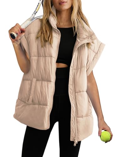 ReachMe Womens Oversized Puffer Vest Zip Up Bubble Vests Stand Collar Cap Sleeves Padded Jacket Quilted Coats with Pockets (Khaki,XL)
