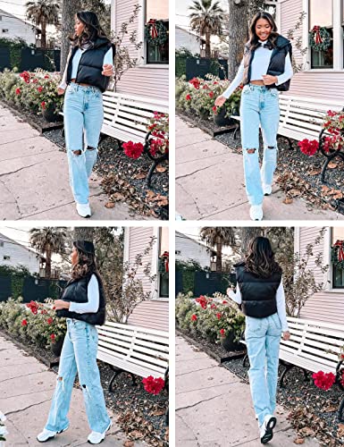 Athlisan Womens Cropped Puffer Vest Zip Up Stand Collar Sleeveless Padded Crop Vests(Black-M)