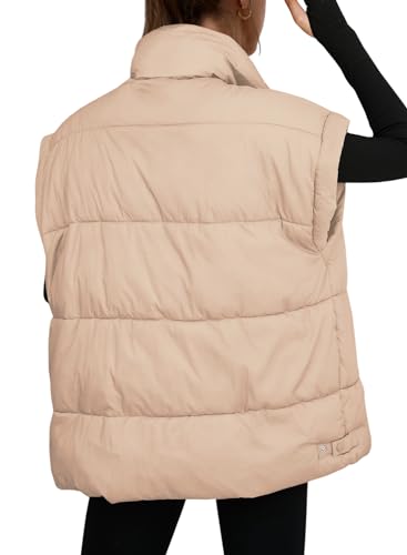 ReachMe Womens Oversized Puffer Vest Zip Up Bubble Vests Stand Collar Cap Sleeves Padded Jacket Quilted Coats with Pockets (Khaki,XL)