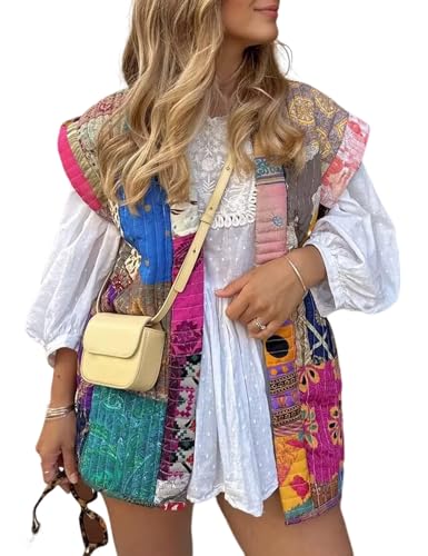 Wyeysyt Women's Cropped Floral Quilted Vest Lightweight Printed Sleeveless Puffer Padded Coat Gilet(Colorful-M)