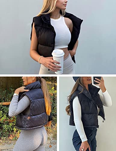 Athlisan Womens Cropped Puffer Vest Zip Up Stand Collar Sleeveless Padded Crop Vests(Black-M)