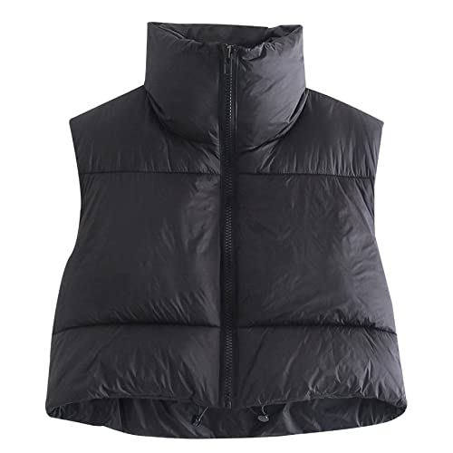Ainangua Women's Crop Padded Vest Stand Collar Lightweight Sleeveless Puffer Zip Up Gilet Outerwear(Black,M)