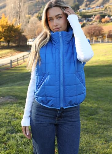Zeagoo Blue Puffer Vest Women Padded Vest Jacket Womens Quilted Puffer Vest Lightweight Stand-Up Collar Warm Outewear