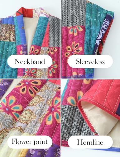 Wyeysyt Women's Cropped Floral Quilted Vest Lightweight Printed Sleeveless Puffer Padded Coat Gilet(Colorful-M)