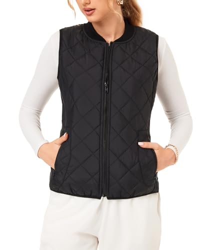 Fuinloth Women's Quilted Vest, Rib Collar Lightweight Zip Padded Gilet Black XXL