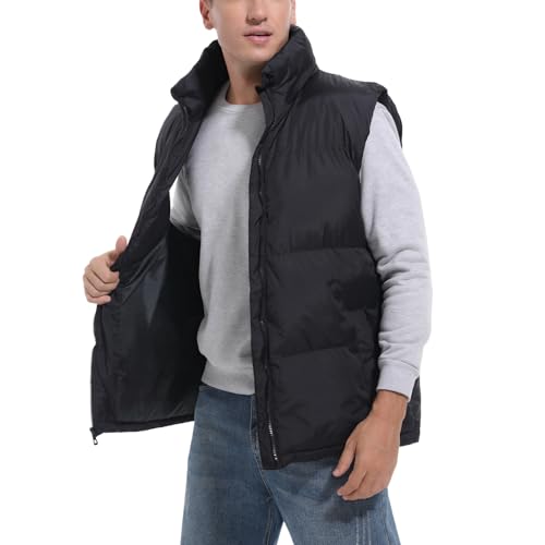 Generic Men's Puffer Vest Sleeveless Jacket Winter Outdoor Padded Warm Lightweight Quilted Outerwear Vest with Pockets Black Medium