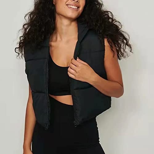Ainangua Women's Crop Padded Vest Stand Collar Lightweight Sleeveless Puffer Zip Up Gilet Outerwear(Black,M)