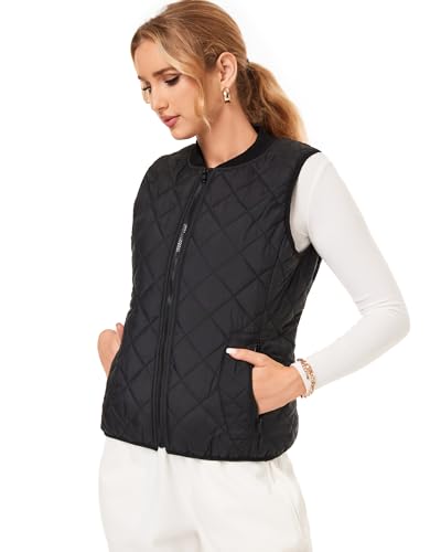 Fuinloth Women's Quilted Vest, Rib Collar Lightweight Zip Padded Gilet Black XXL