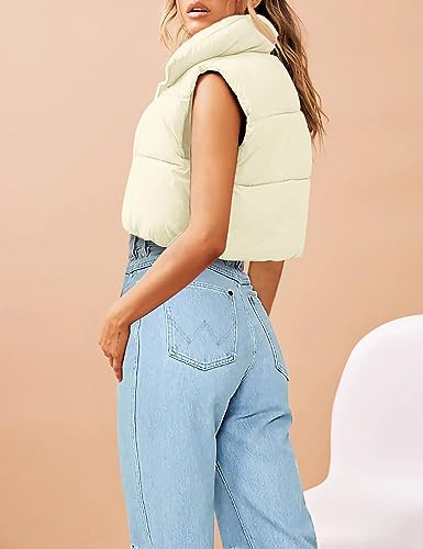 MEROKEETY Women's Crop Puffer Vest Lightweight Stand Collar Sleeveless Zip Up Padded Gilet Coat,Beige,S